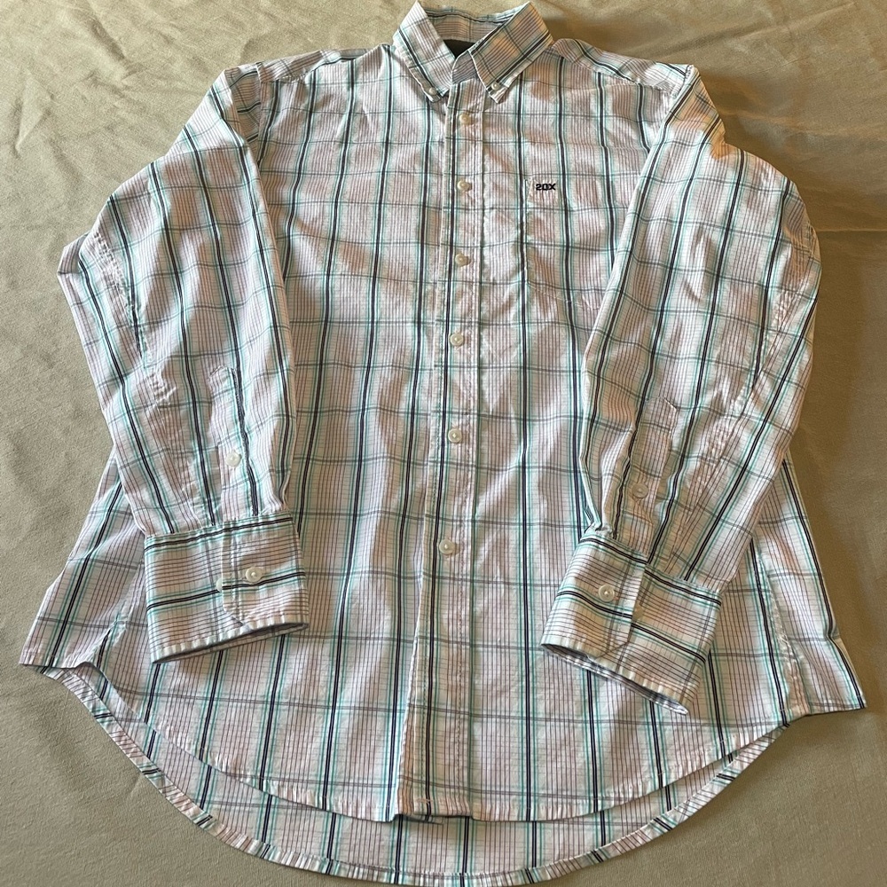 Wrangler 20X Competition Men's White and Blue striped Plaid long sleeved Shirt